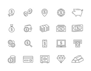 Set of vector bank and money line icons. Coin, cash, card, credit, atm, diamont, wallet, gold, deposit, purse, piggy, diamond, dollar, bag and more. Editable Stroke.