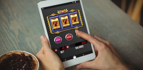 Poster - Composite image of casino slot machine app on mobile screen