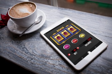 Poster - Composite image of slot machine app with dollar signs on mobile