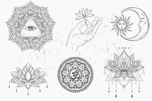 Mandala Set And Other Elements. Vector. Mandala Tattoo. , Boho Style, Kaleidoscope, Medallion, Yoga, India, Arabic. Circular Pattern, Sketch For Tattoo