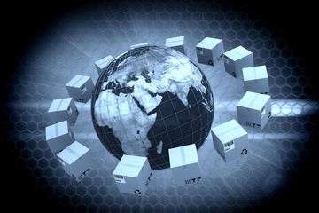 Poster - Composite image of globe amidst brown cardboard boxes
