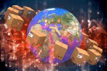 Poster - Composite image of brown cardboard boxes surrounding planet