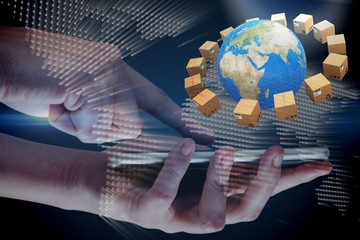 Poster - Composite image of hands using mobile phone on white background