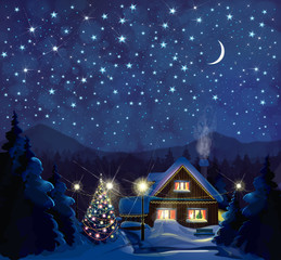 Wall Mural - vector night winter landscape with house, christmas tree and starry sky background.