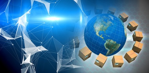 Poster - Composite image of globe amidst brown boxes