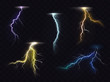 Colored lightning bolt vector set on transparent background. Electric discharges, thunderbolt glowing realistic light effects. Stormy weather, powerful energy release, high voltage strike illustration
