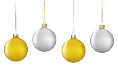 Wall Mural - vector realistic decorative border with gold and silver hanging christmas balls on white background