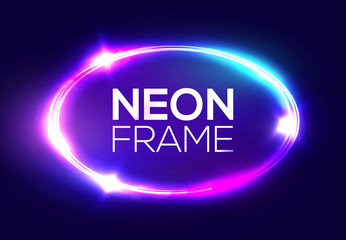 Wall Mural - neon sign. oval frame with glowing and light. electric bright 3d elliptical banner design on dark bl
