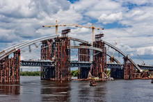 Combined Car And Subway Bridge Under Construction. Mounting Of Steel Arch. Unfinished Podolskyi Bridge. Kiev, Ukraine. Kyiv, Ukraine.