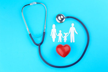 Poster - Paper silhouette of family, stethoscope and heart on color background. Health insurance concept