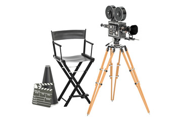 Poster - Cinema concept. Movie camera with film reels, chair, megaphone and clapperboard. 3D rendering