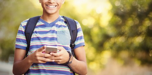 Poster - Schoolboy using mobile phone in campus at school