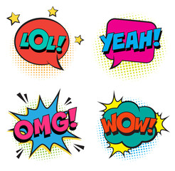 Wall Mural - retro colorful comic speech bubbles set with colorful halftone shadows on white background. expressi