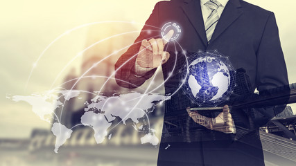 Aufkleber - Businessman hand touching virtual button on Earth map point with network connection, Best Internet Concept of global business from concepts series, connection symbols communication lines.