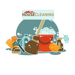 Wall Mural - House cleaning service promotional emblem isolated cartoon illustration