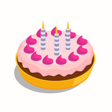 Birthday Large Cake With Three Blue Burning Candle,festive Concept, Sweet Isometric  Cake.vector Illustration With Layers Isolated On White Background