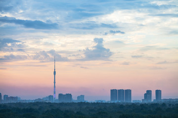 Wall Mural - blue and pink sunrise sky over Moscow city