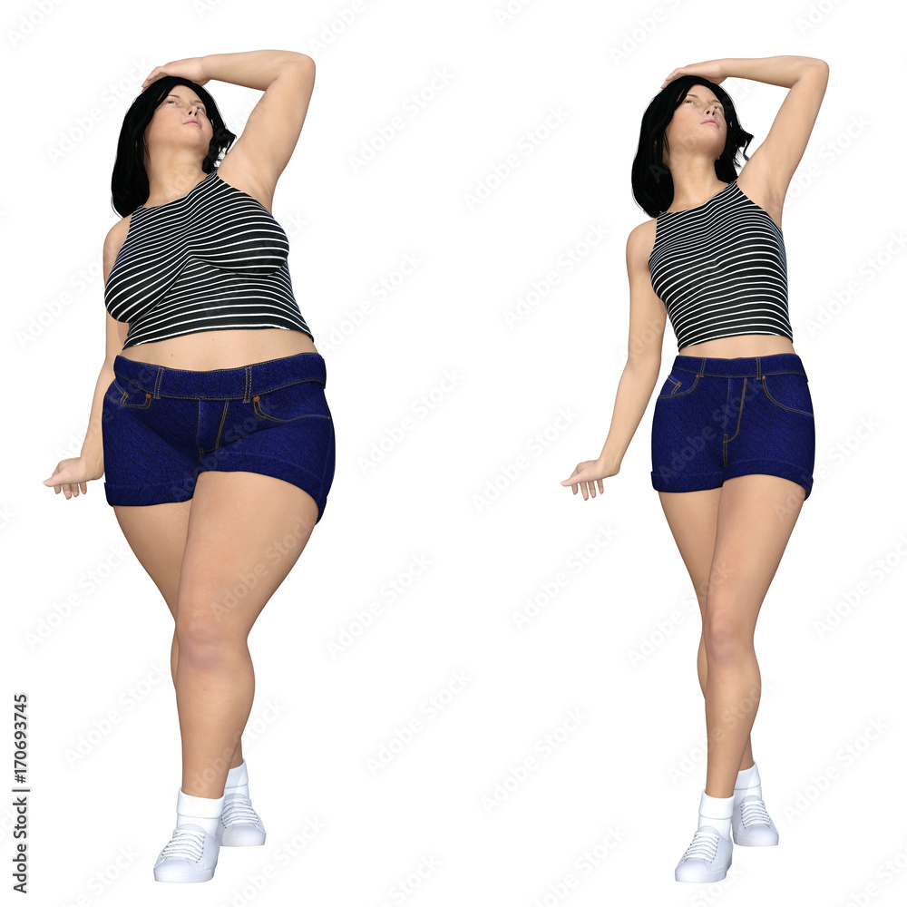 Conceptual fat overweight obese female vs slim fit healthy body after  weight loss or diet with muscles thin young woman isolated. A fitness,  nutrition or fatness obesity, health shape 3D illustration Stock, image size:1000x1000