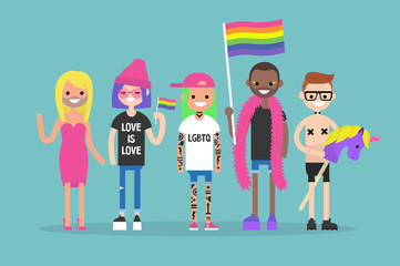 Love parade. Gay pride. LGBTQ. A group of people dressed in colourful clothes / flat editable vector illustration, clip art