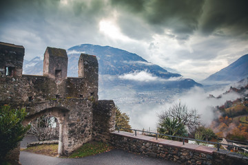 Wall Mural - Fortress in the Italian Alps, Merano, South Tyrol. Beautiful mountain landscape