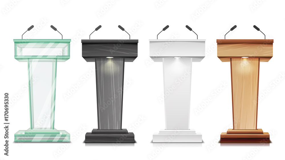 Tribune Set Vector. Podium Rostrum Stand With Microphones. Business Presentation Or Conference, Debate Speech Isolated Illustration - obrazy, fototapety, plakaty 