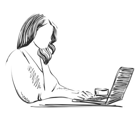 Sketch of woman working on lap top using pen tablet.