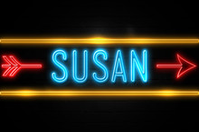 Susan  - Fluorescent Neon Sign On Brickwall Front View