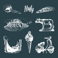 Wall Mural - Italian set of sketches. Hand drawn illustrations of Italy travel symbols. Vector touristic signs of vacations.