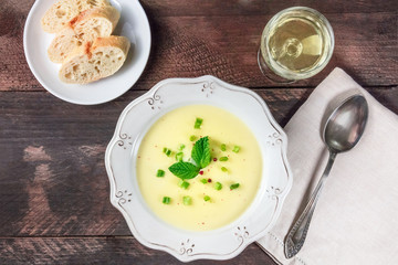 Wall Mural - Overhead photo of French vichyssoise soup with copyspace