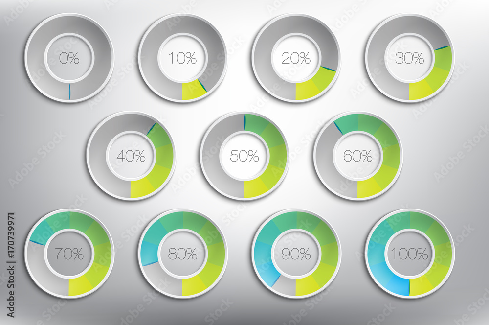 Completion Level Progress indicator percentage set of 11. Completion, charging, loading ...