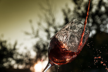 Pouring the wine at sunset, yellow grey background.