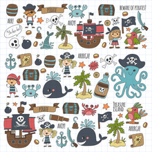 Vector Pirates Children Cartoon Illustration Kids Drawing Style For Kids Party In Pirate Style Octopus, Pirate Ship, Sailor, Boy, Girl, Treasure Island