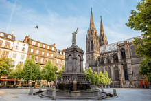 Morning View On The Victory Square With Monument And Cathedral In Clermont-Ferrand City In France