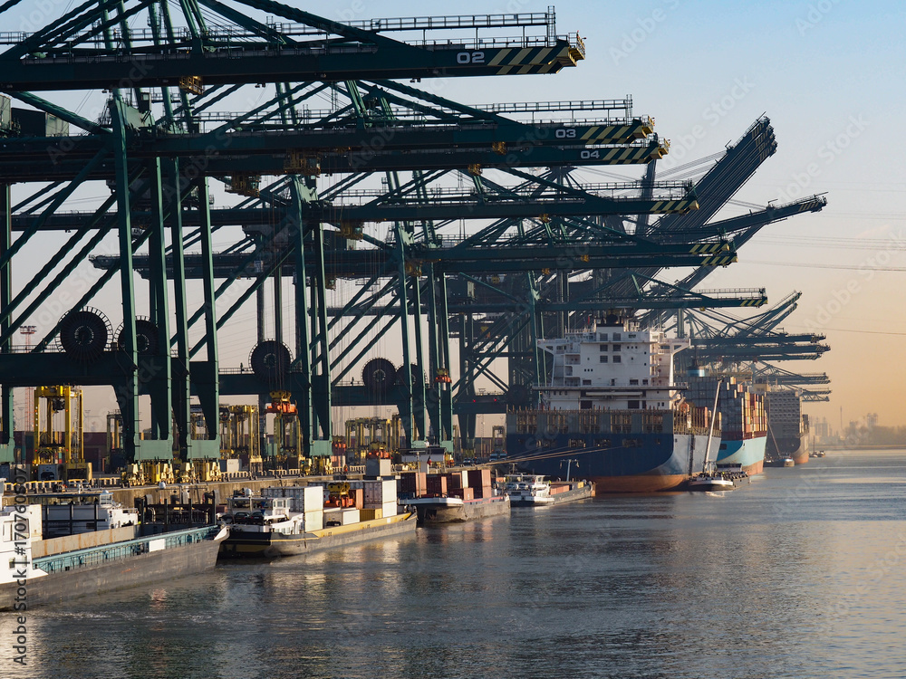 Harbor cranes unloading containers from ships on a sunny morning in the ...