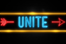 Unite  - Fluorescent Neon Sign On Brickwall Front View