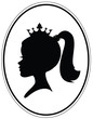 Girls head with ponytail and crown.