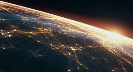 Fototapete - Global International Connectivity Background/Connection lines Around Earth Globe, Futuristic Technology  Theme Background with Light Effect
