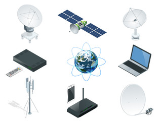 Poster - Isometric Wireless Technology and Global communication icons towers satellite antennas radio telescope router and Earth orbit space station GPS satellite isolated vector illustration World global net