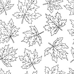 Wall Mural - Beautiful seamless doodle pattern with black and white maple leaves sketch. design background greeting cards and invitations to the wedding, birthday, mother s day and other seasonal autumn holidays