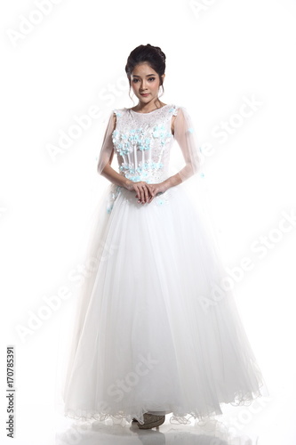 Lovely Asian Beautiful Woman Bride In White Wedding Gown Dress With