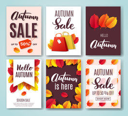 Wall Mural - Autumn card set with fall quotes, bright leaves and shopping bag. Perfect for greeting cards, sale badges, banners, poster, cover, tag, invitation. Vector illustration