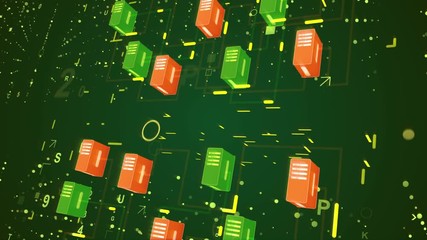 Poster - 3d rendering of a digital transfer of information through condencator looking blocks of green and orange colors with a network of yellow routes in the dark green blue background wth shining dots
