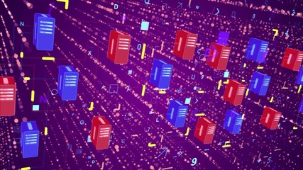 Poster - 3d rendering of a numeric transfer of information through cubic blocks of blue and red colors with a network of sparkling yellow routes in the dark violet background wth shimmering dots and lines