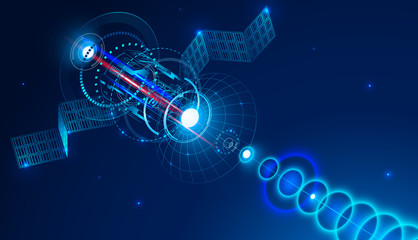 Fototapete - Geostationary telecommunications satellite from space sends a digital signal via satellite dish. Conceptual abstract background. VECTOR
