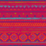 Fototapeta Uliczki - Vintage seamless geometric pattern. Ethnic and tribal motifs. Horizontal lines. Grunge texture, scratches. Pink, blue, orange and green colors.