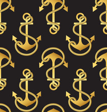 Gold Anchor A Black Background. Seamless Pattern. Vector Illustration.