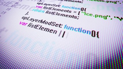 Poster - Close-up of a 3d rendering of the coding data process on a PC screen displayed aslant with rapidly dashing colorful websites, icons, dots, digits, placed in a white, black and violet background 