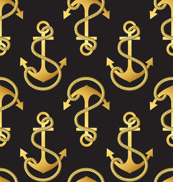 Gold anchor a black background. Seamless pattern. Vector illustration.