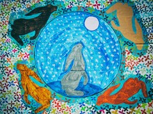 Hares And Flowers With Moon And Stars On Wood Panel Background