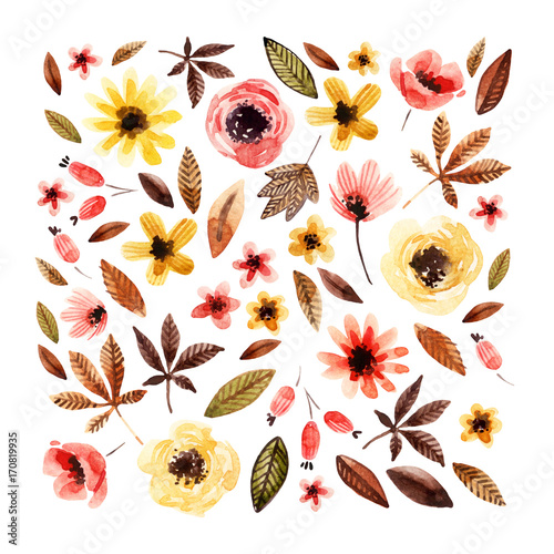 Stoffe zum Nähen Aquarell florale Elemente isoliert auf weißem Hintergrund.